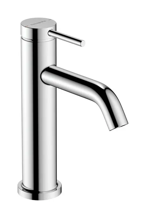 Hochglänzender, runder Waschtischmischer aus Chrom von Hansgrohe mit seitlichem Hebel zur Tassenbetätigung und ausgestelltem Auslauf.